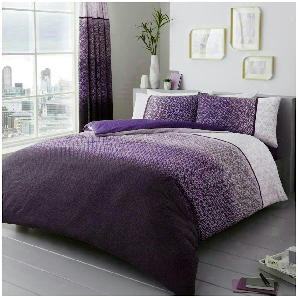 image 1 of VELVETIO Urban Ombre Duvet Cover Set Reversible Polycotton Easy Care Beddings Purple | Double