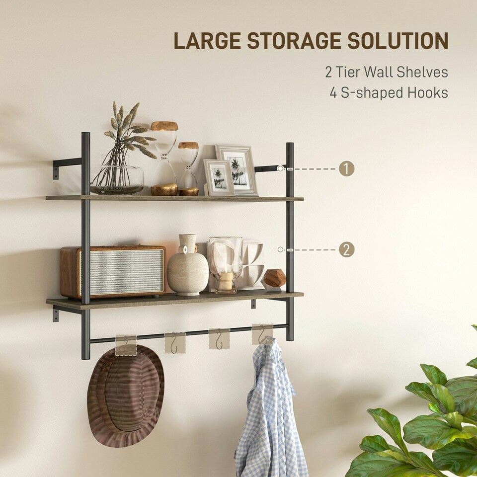 image 1 of HOMCOM Wall Shelf Unit with 4 Hooks for Living Room, Entryway, Grey