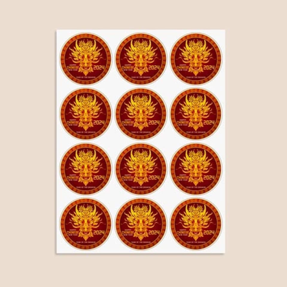 image 1 of Happy Chinese New Year 2024 Dragon Design Round Stickers 60mm - Sheet of 12