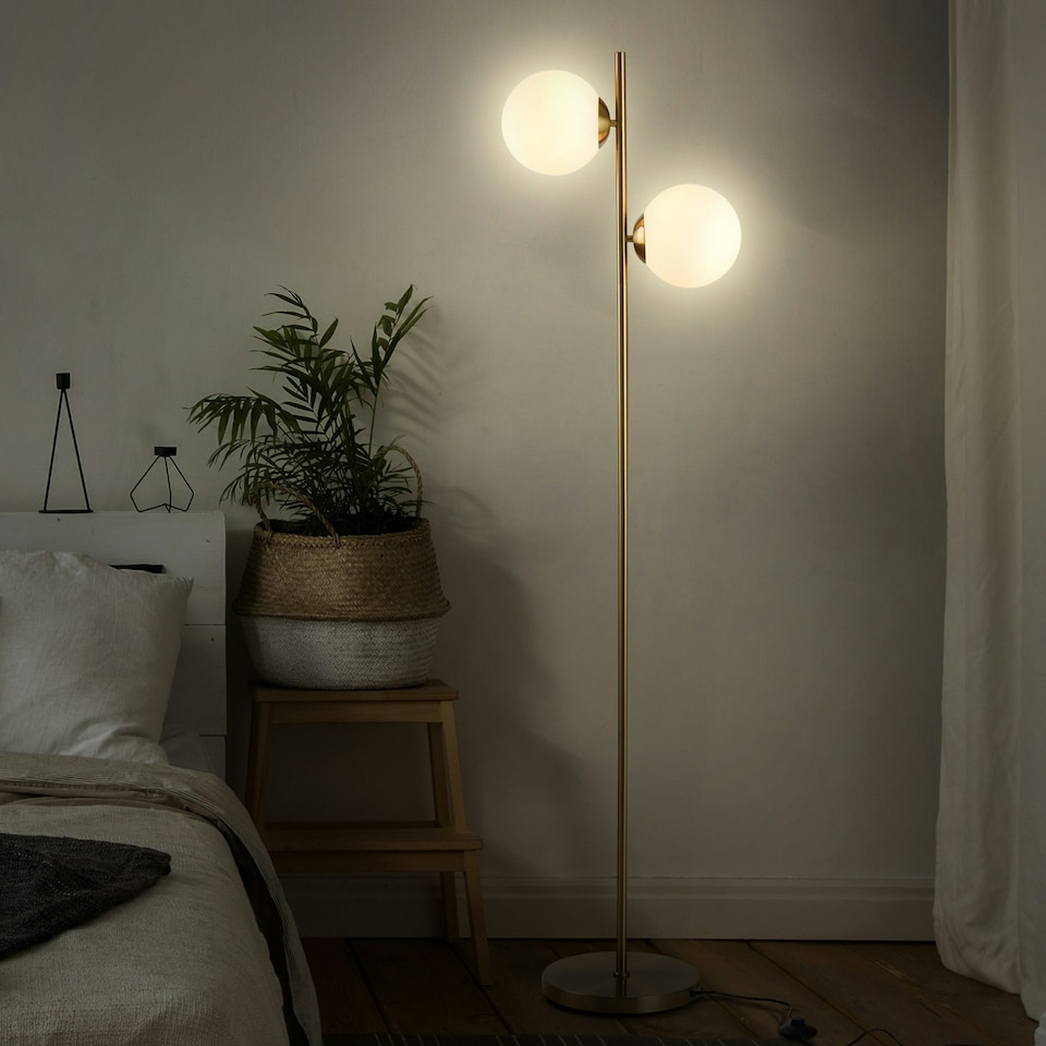 image 1 of HOMCOM 2 Glass Shade Floor Lamp Metal Pole Modern Decorative Floor Switch Gold