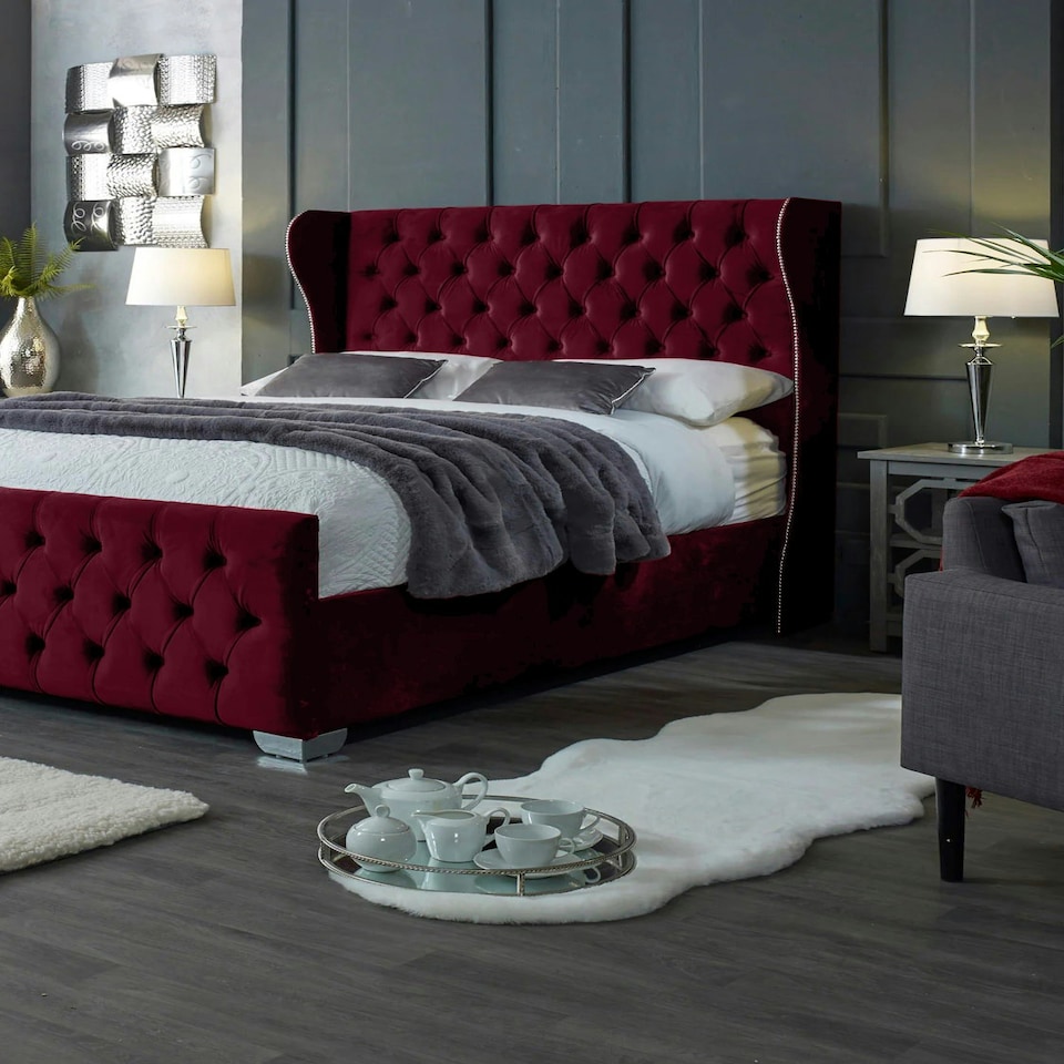 image 1 of Colleen Plush Maroon King Bed Frame - Maroon