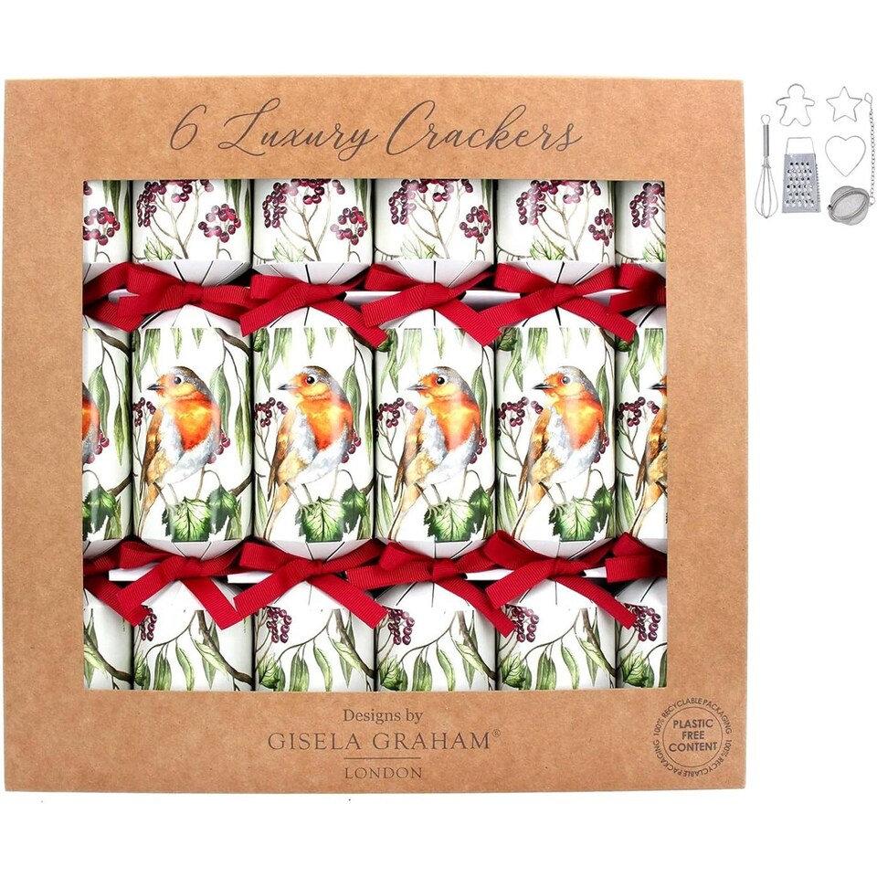 Gisela Graham Christmas Set of 6 Luxury Robin Christmas Crackers