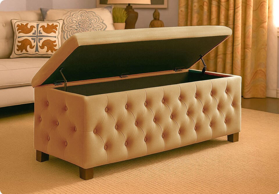 image 1 of 120cm Wide Empire Ottoman Storage Box with Legs, Mink Velvet Chesterfield Upholstered Ottoman Footstool Coffee Table