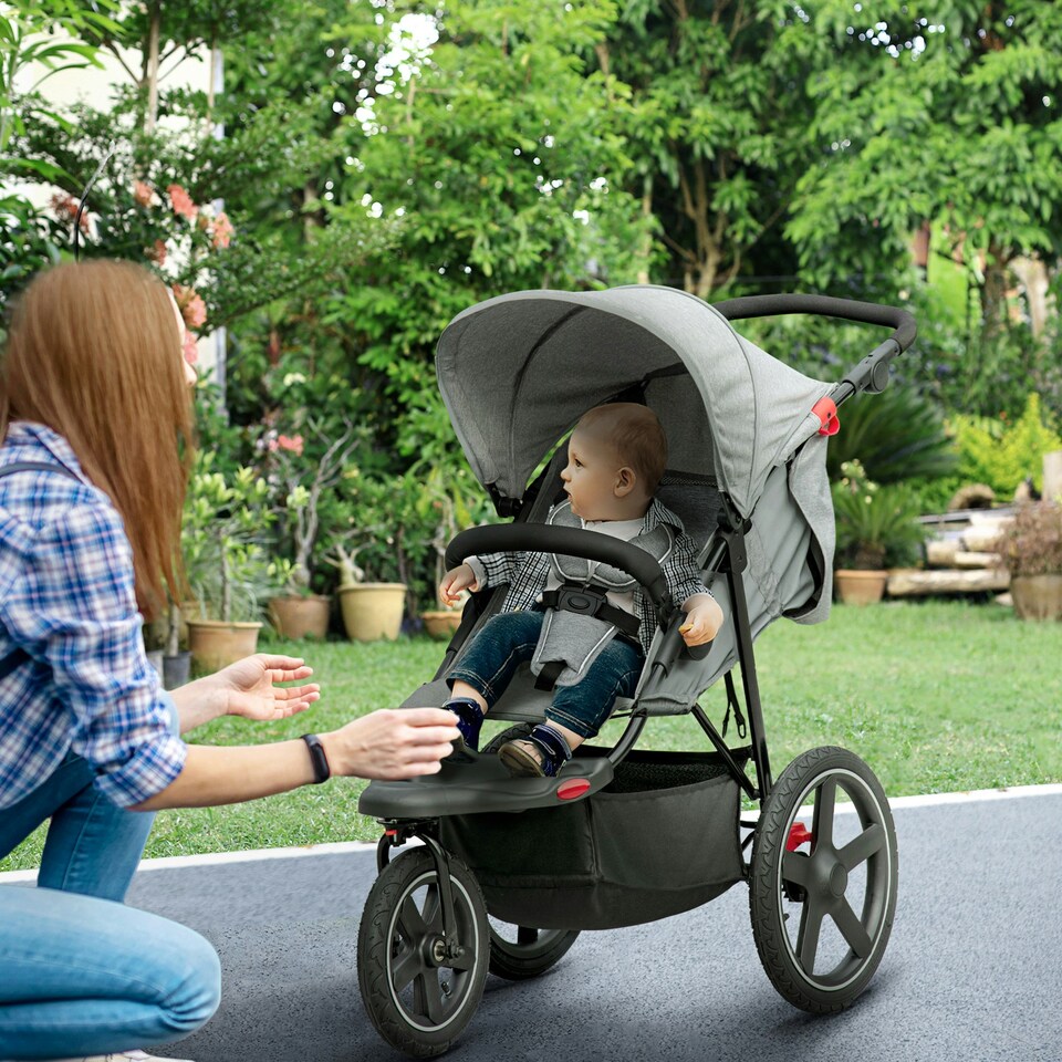 image 1 of HOMCOM Foldable Three-Wheeler Baby Stroller w/ Sun Canopy, Storage - Grey
