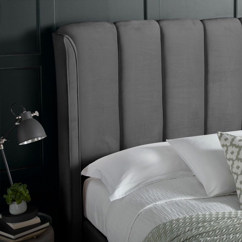 image 1 of 4ft6 Double Ottoman,Grey Velvet fabric upholstered,lift up,storage,tall winged bed frame. Gas lift up, Boutique Hotel style, tall headend board, wing back
