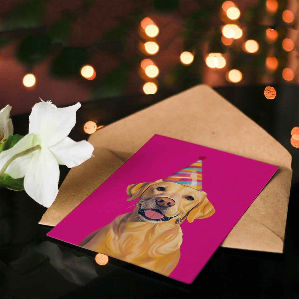 image 1 of Birthday Card Yellow Labrador Retriever Dog Party Hat Hot Pink
