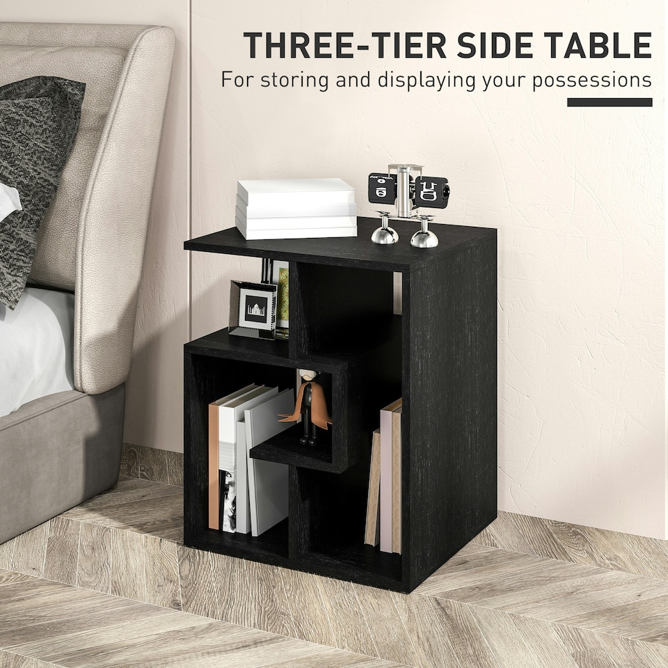 image 1 of HOMCOM 3-Tier Side End Table Open Shelves Storage Magazine Desk Black Black