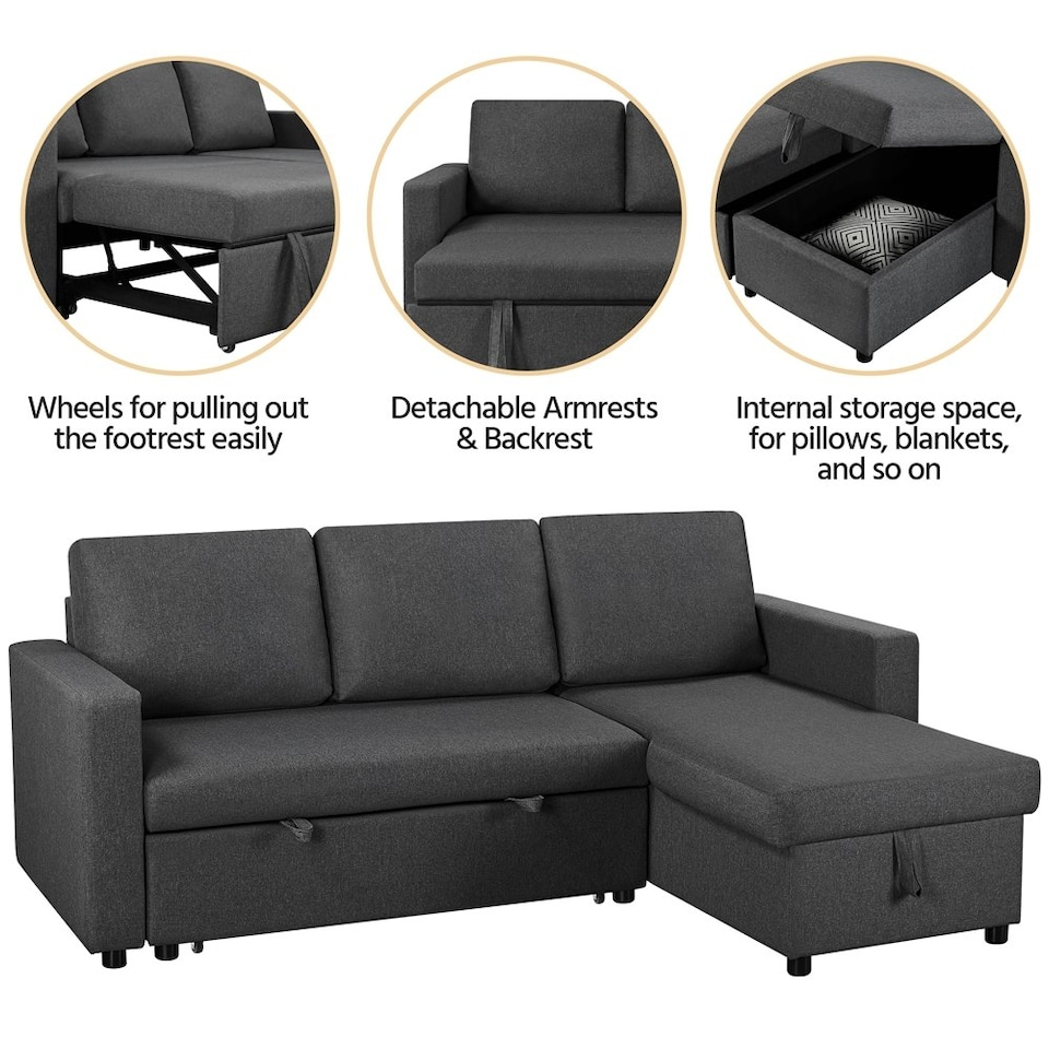 image 1 of Yaheetech Sectional Sofa with Chaise L-Shaped Sofa Bed and Pull Out Bed Storage