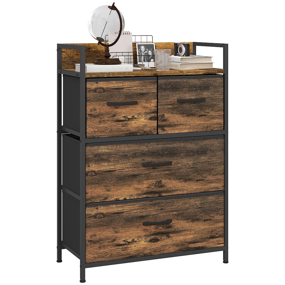 image 1 of HOMCOM Bedroom Chest of Drawers, Fabric Dresser with 4 Drawers, Storage Organiser Unit with Open Shelf and Metal Frame for Living Room, Entryway, Rustic Brown