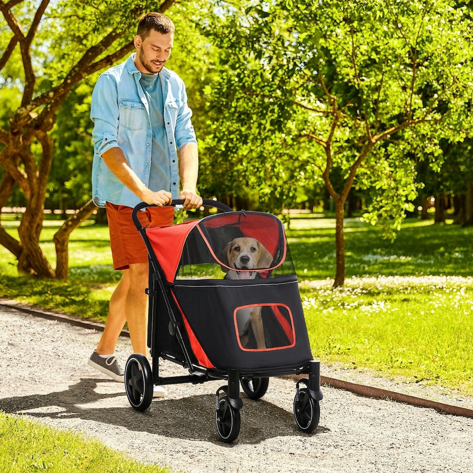 image 1 of PawHut Foldable Dog Carriage w/ Universal Wheels, Shock Absorber, Red