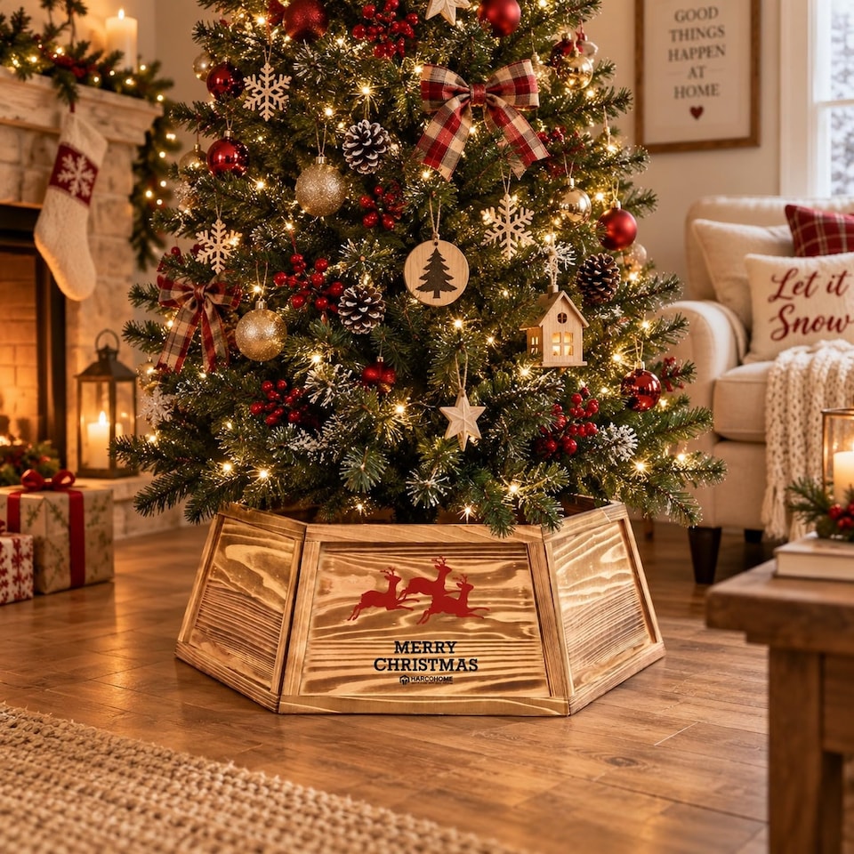 image 1 of 31.5 inch Hexagon Wooden Christmas Tree Collar with Burnt Finish for Festive Tree Stands