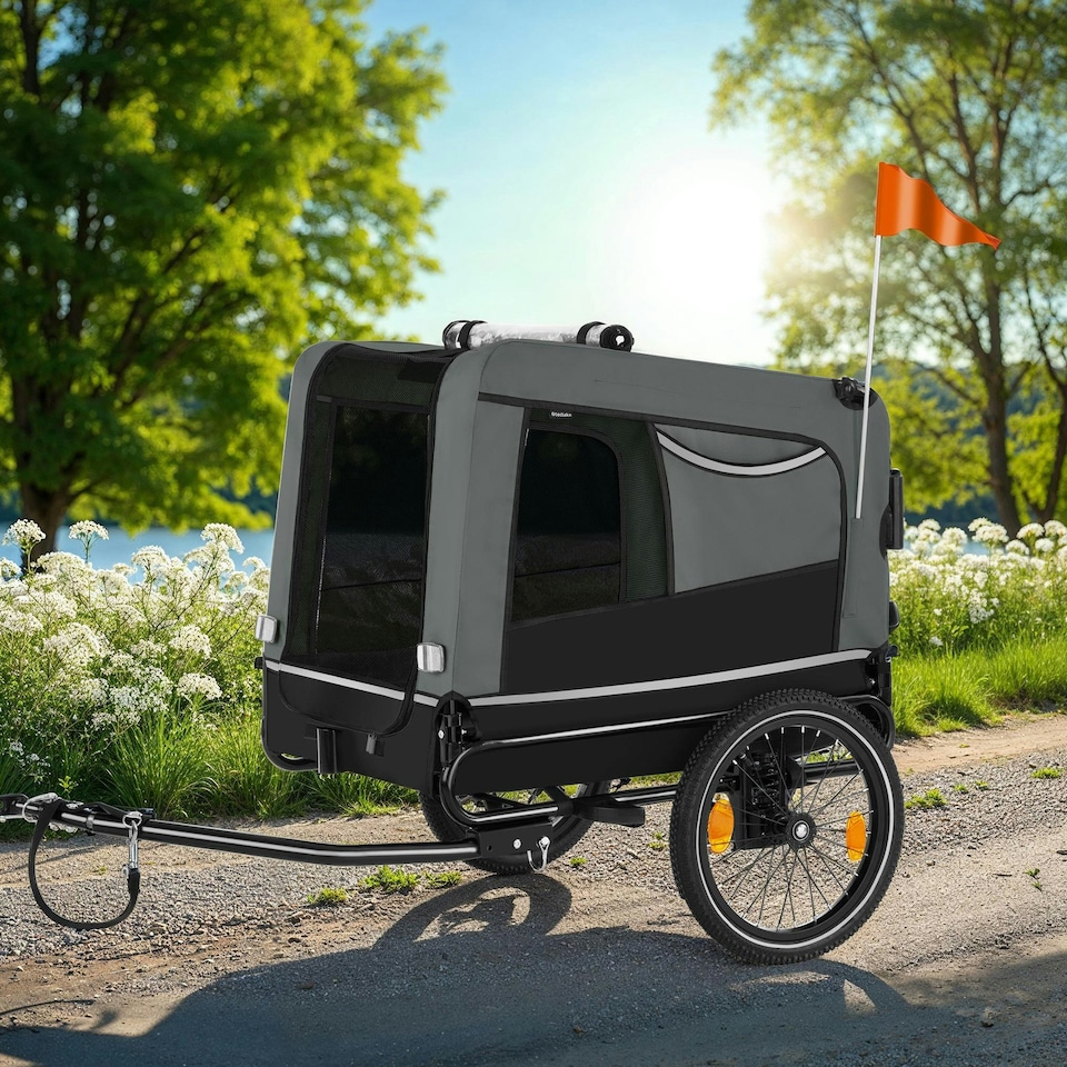 image 1 of Dog Bike Trailer - multifunctional, foldable, including reflectors, leash and flag - Grey