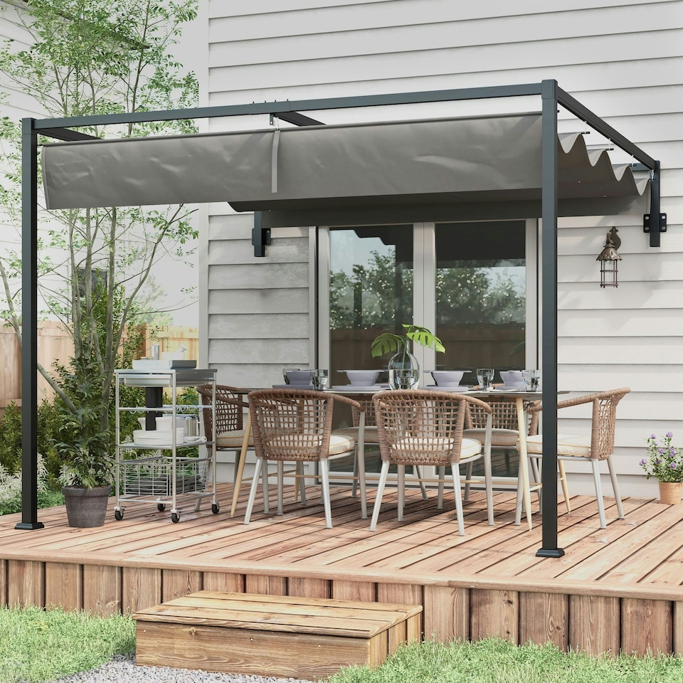 image 1 of Outsunny 2 x 3(m) Wall Mounted Pergola with Retractable Roof, Dark Grey