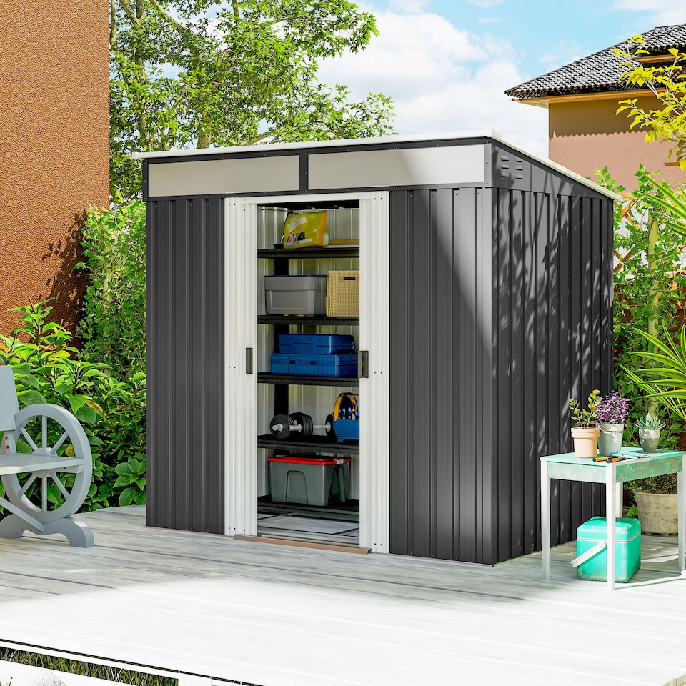 image 1 of Outsunny 6.5 x 4FT Galvanised Metal Garden Shed with Double Sliding Doors and 2 Vents, Lockable Tool Storage House with Foundation Kit, Grey