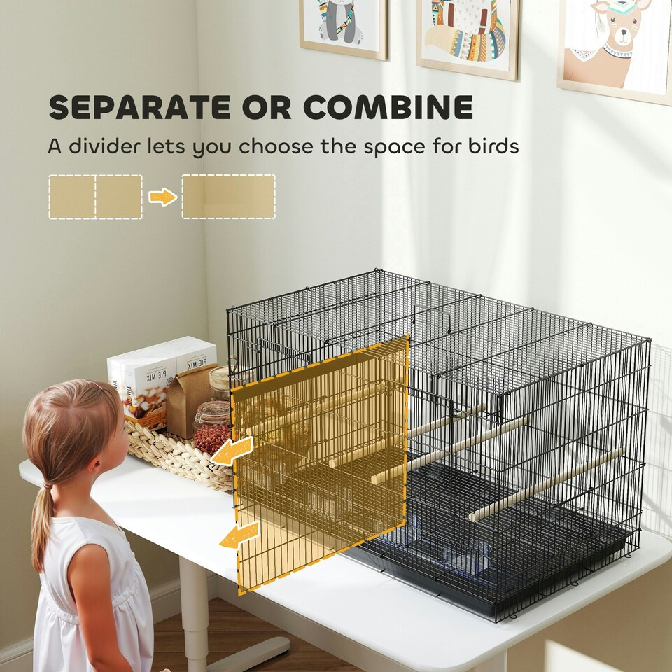image 1 of PawHut Bird Cage with Divider, 4 Wooden Perches, Slide Out Tray, Black