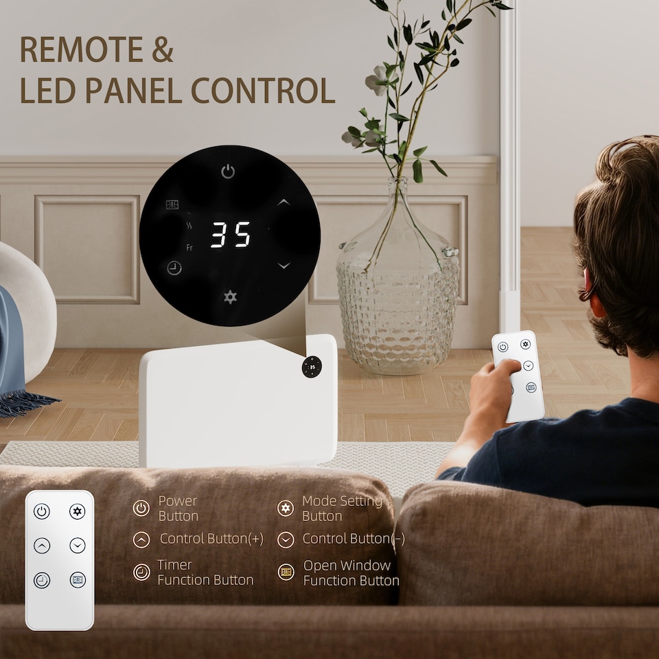 image 1 of HOMCOM 1200W Electric Panel Heater, Freestanding or Wall Mounted, Convector Heater with LED Display, Open Window Detection, Timer, Overheat Protection, Remote Control, White