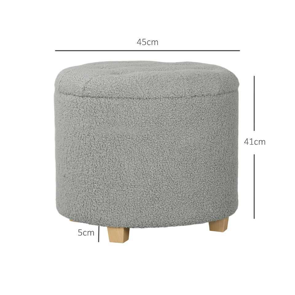 image 1 of HOMCOM 45cm Round Storage Ottoman, Teddy Fleece Footstool with Removable Lid and Wood Legs, Button Tufted Vanity Stool for Living Room Bedroom Hallway, Grey | Grey | Grey | 1