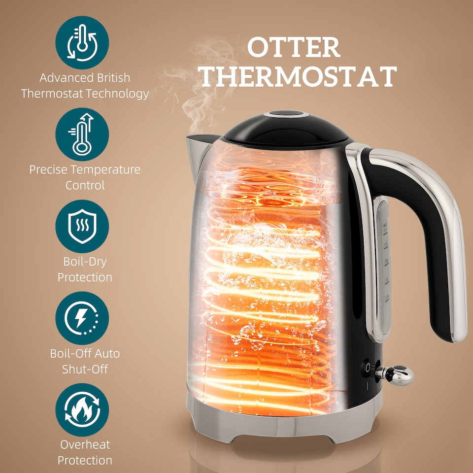 image 1 of HOMCOM Kettle and Toaster Set with Temperature Gauge, 1.7L 3000W Rapid Boil Jug Kettle with Otter Thermostat, Limescale Filter, 2 Slice Toaster with 7 Browning Controls, Crumb Tray, Black | Black