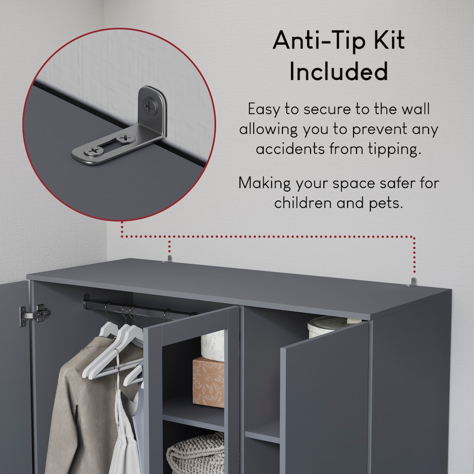 image 1 of Vida Designs Riano 3 Door 2 Drawer Mirrored Wardrobe With Shelf & Clothes Rail, Grey