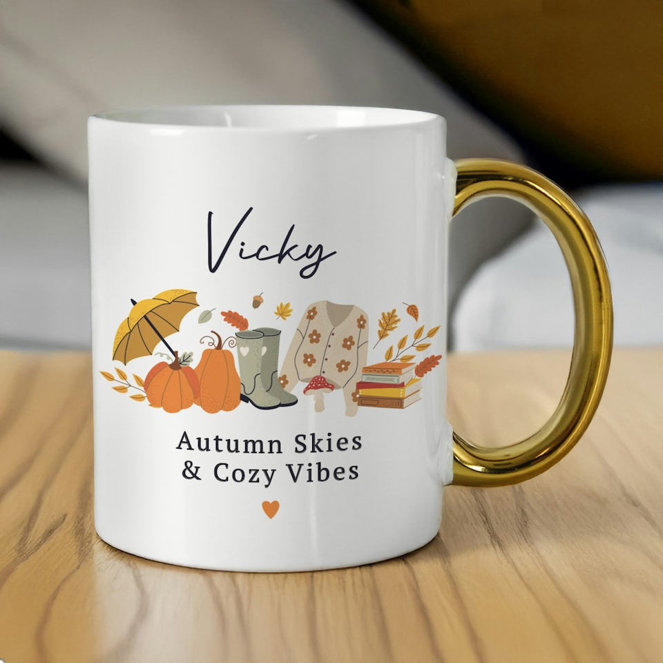 image 1 of Personalised Autumn Gold Handled Mug White