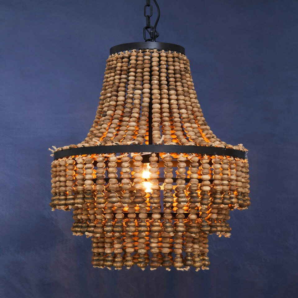 image 1 of Interiors by Premier Rustic Wood Chandelier with Black Iron Frame, Handcrafted Three-Tier Pendant Light, Organic Hanging Light Brown