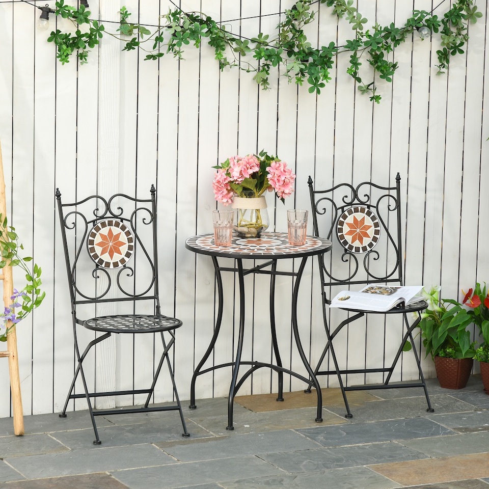 image 1 of Outsunny 3PCs Garden Set 1 Ceramic Tile Round Table and 2 Foldable Chairs