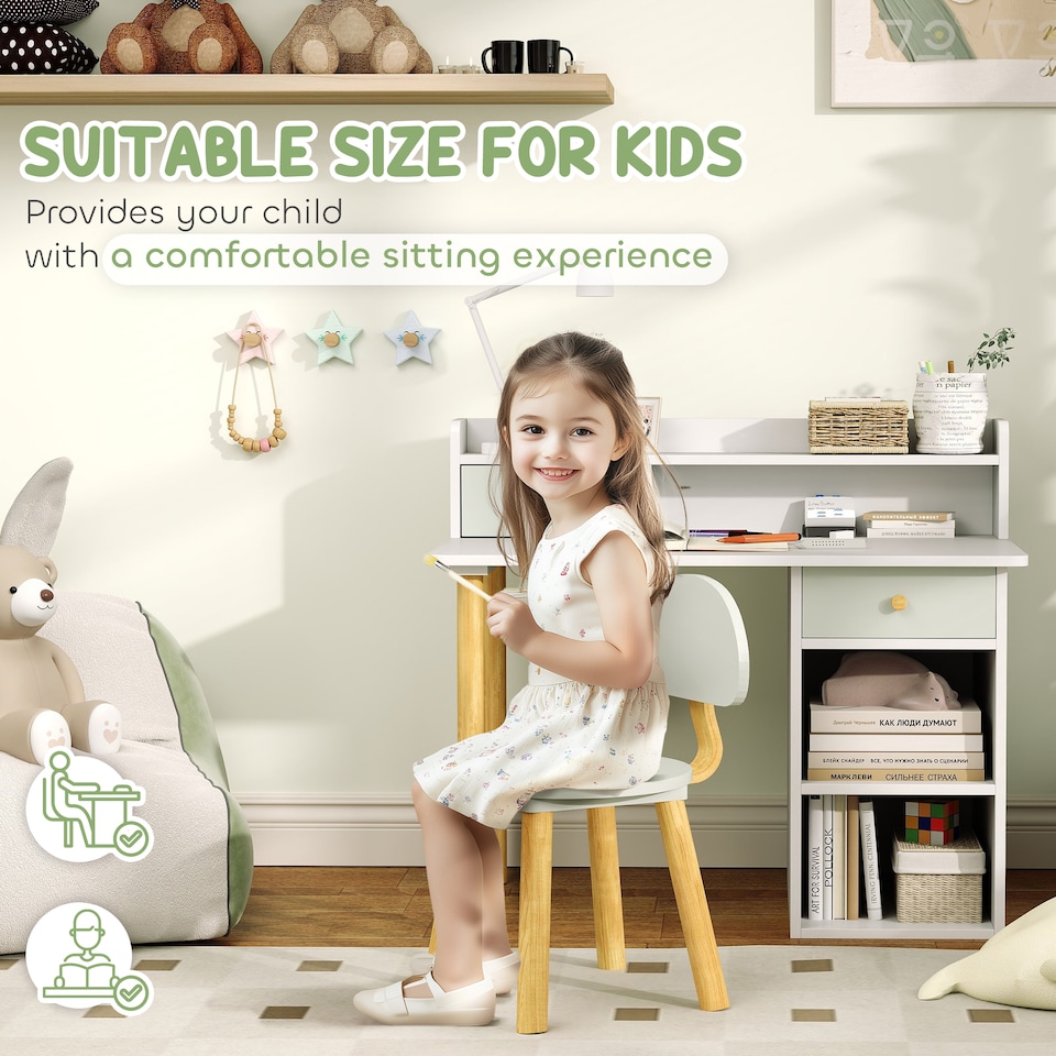 image 1 of AIYAPLAY Kids Desk and Chair Set, Children Study Table with Hutch, Storage, Drawer, Shelves, for Studying, Reading, Drawing, for Ages 3-8 Years, Green | Green