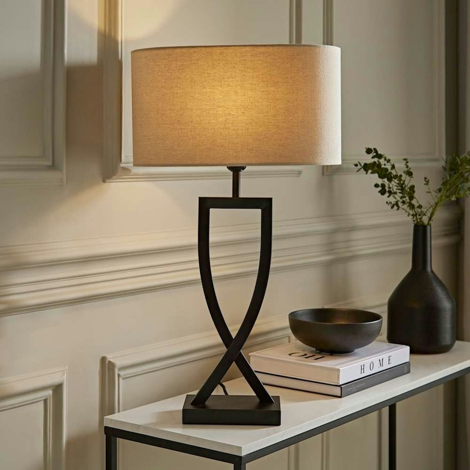 image 1 of ValueLights Katniss Matte Black Metal Table Lamp with Oval Shade & Bulb Black | Cream