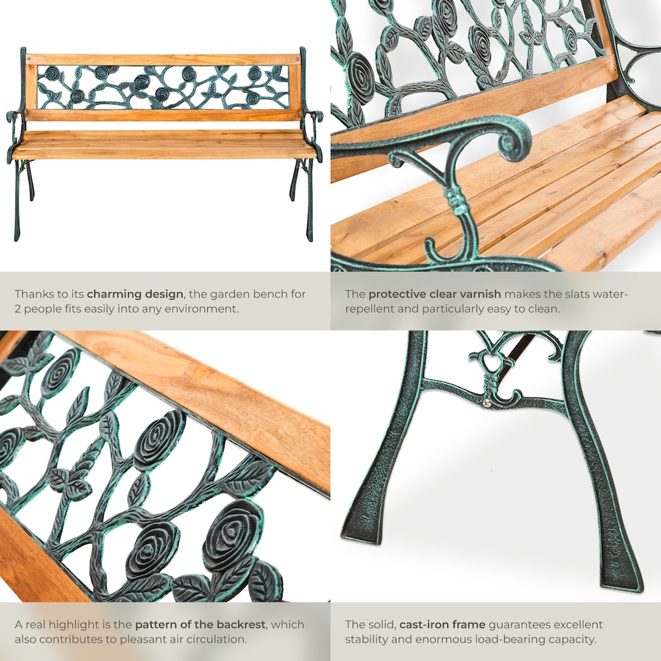 image 1 of Garden Bench Marina - 2-seater, wood and cast iron, 124 x 52 x 74 cm | Brown | brown | 1