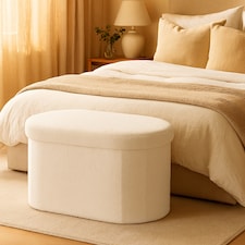 JSH Teddy Boucle 85L Storage Ottoman 71cm x 39cm White Soft Foldable Collapsible Portable Pouffe Foot Rest Trunk