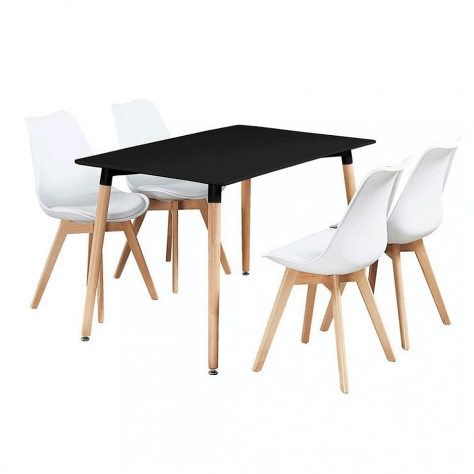 image 1 of 5PCs Dining Set - a Black Halo Dining Table & Set of 4 Lorenzo Tulip Chairs with Padded Seat | White