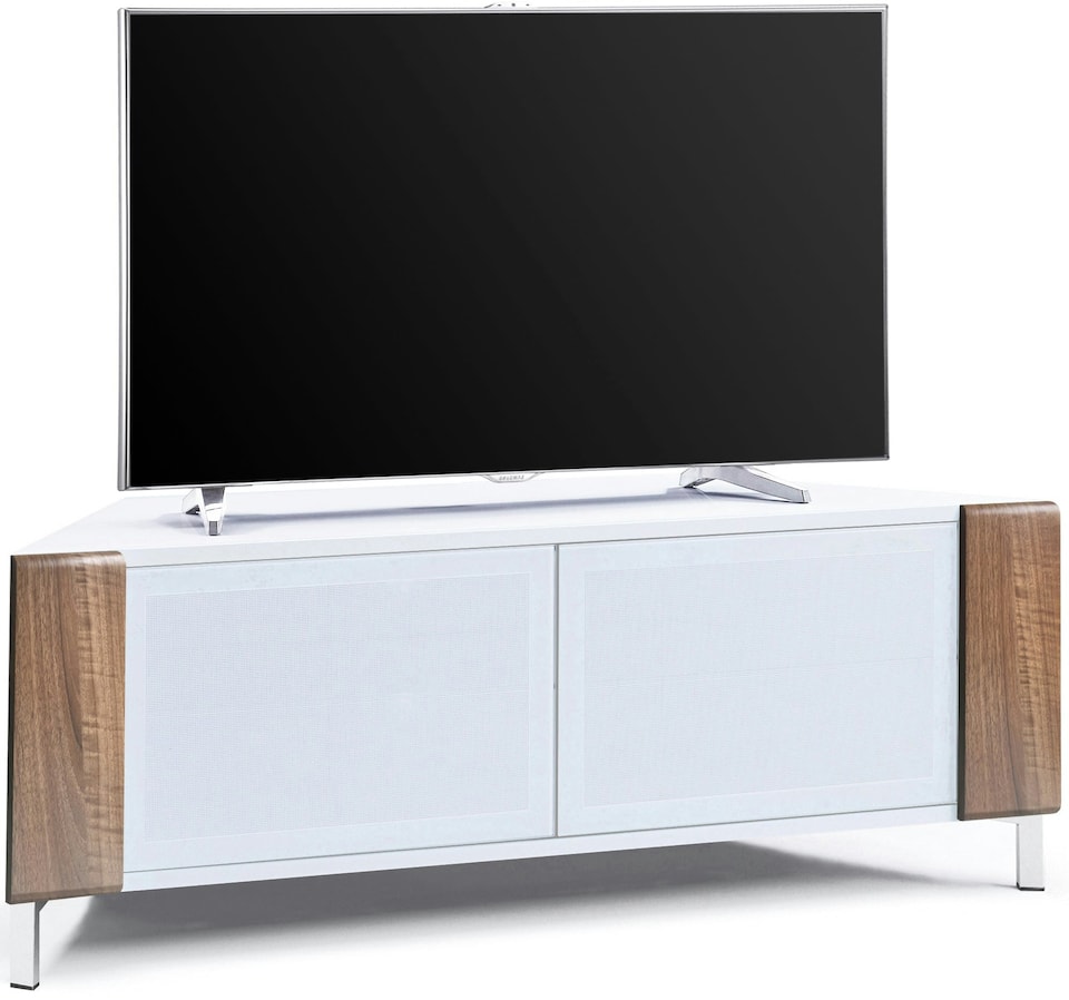 image 1 of MDA Designs CORVUS Corner-Friendly Gloss White Contemporary Cabinet with Walnut Profiles White BeamThru Glass Doors Suitable for Flat Screen TVs up to 50" | Multi | 1