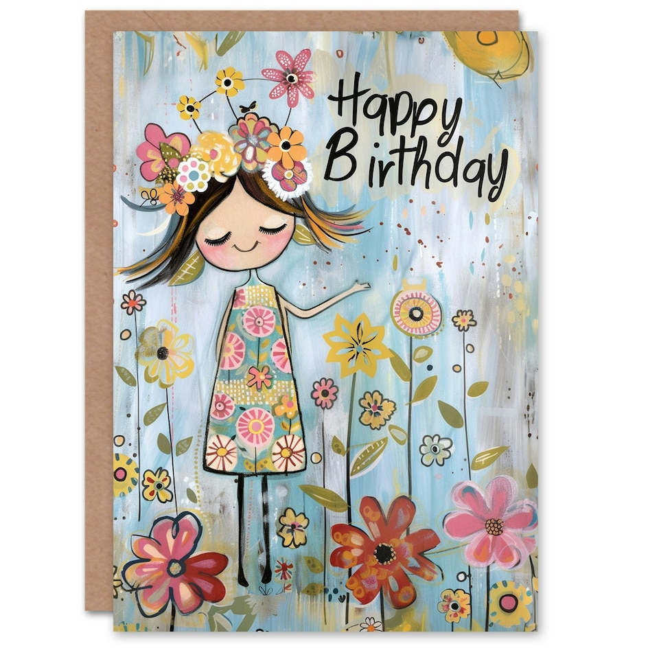 image 1 of Cute Girl Spring Flower Meadow Kids Child Kids Birthday Card