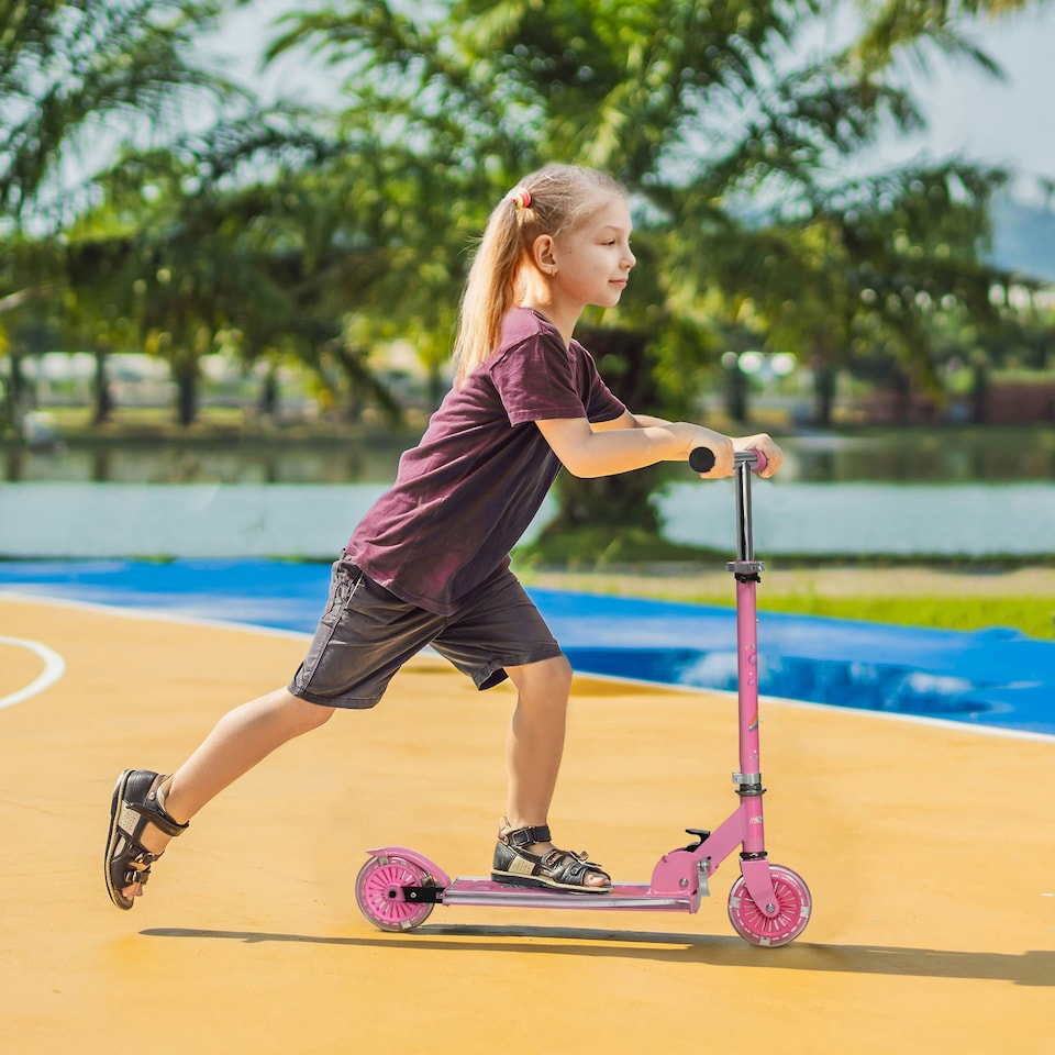 image 1 of HOMCOM Kids Scooter 2 Wheels W/ Lights Music Adjustable Height Foldable - Pink