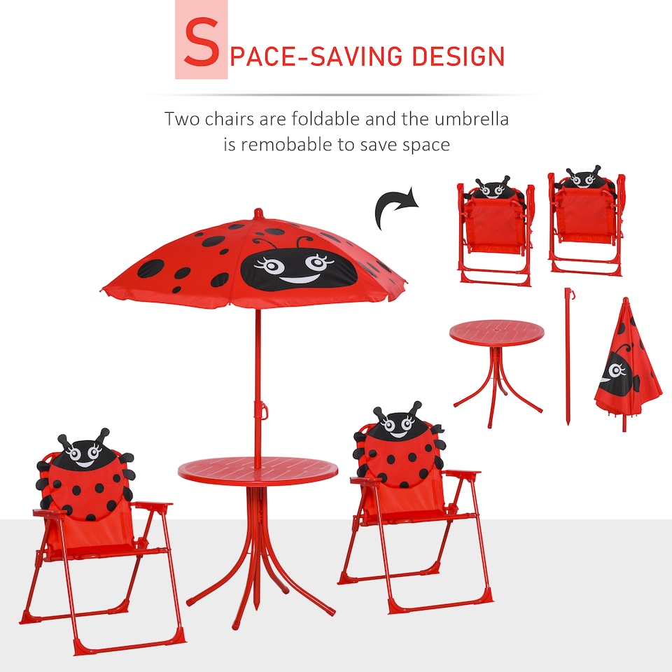 image 1 of Outsunny Kids Folding Picnic Table Chair Set Ladybug Pattern Outdoor w Parasol