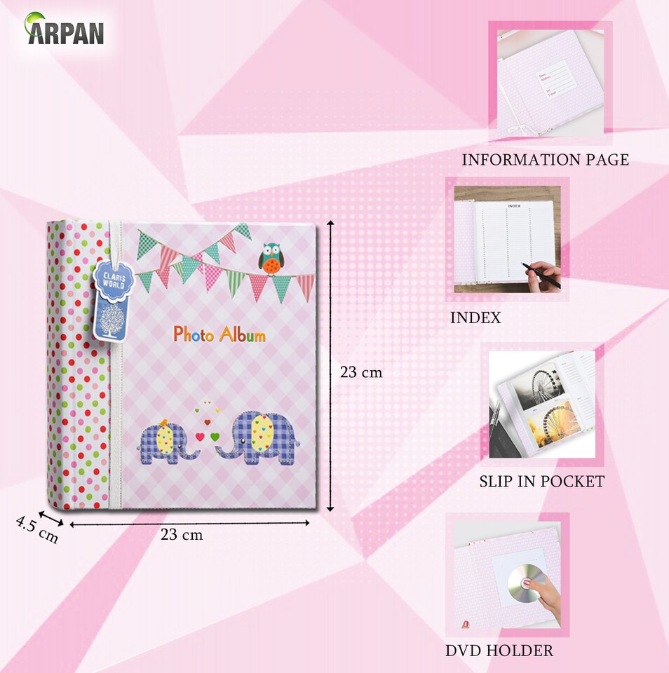 image 1 of ARPAN Slip In Memo Baby Photo Album – Holds 200 Photos 4x6" (10x15cm) – Elephant Design with Index Pages & CD/DVD Pocket