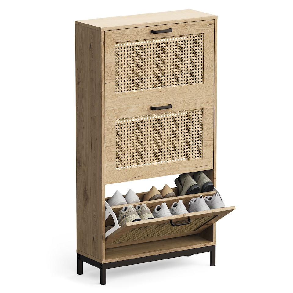 image 1 of VonHaus Rattan Shoe Storage Cabinet for Hallway with 3 Tier Drawers