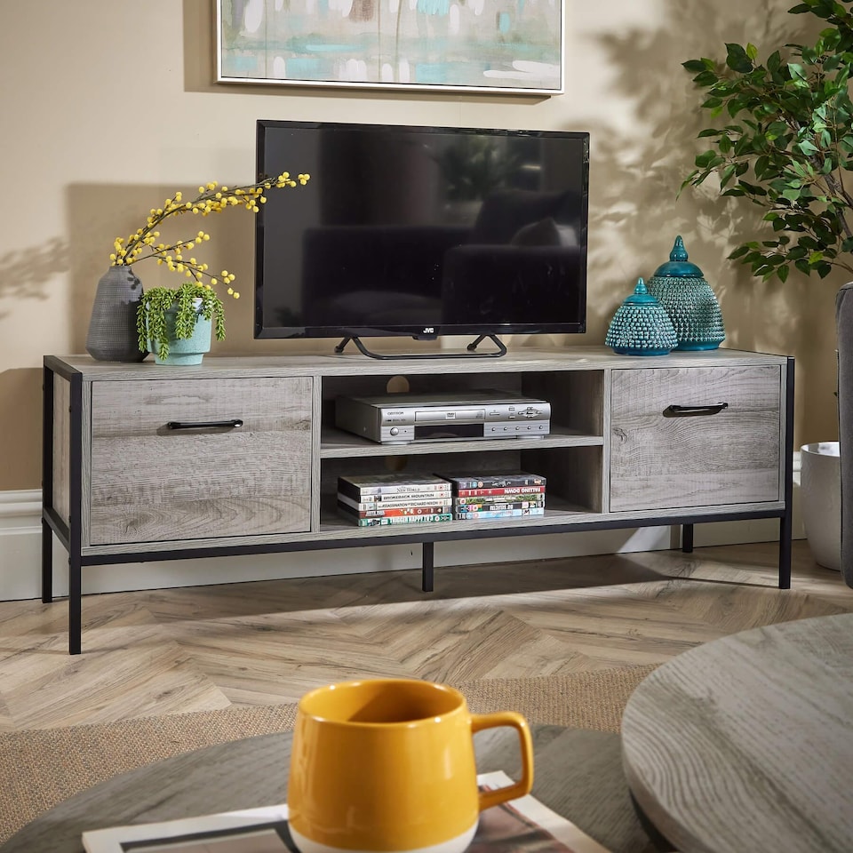 image 1 of TV Unit Media Stand Storage Cabinet Modern Oak Finish Cupboard and Shelf Storage | Grey