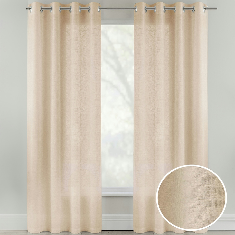 image 1 of Pair of Crete Natural Linen Look Voile Panels 137 cm (54 inch) Eyelet Panels for Bedroom and Living Room