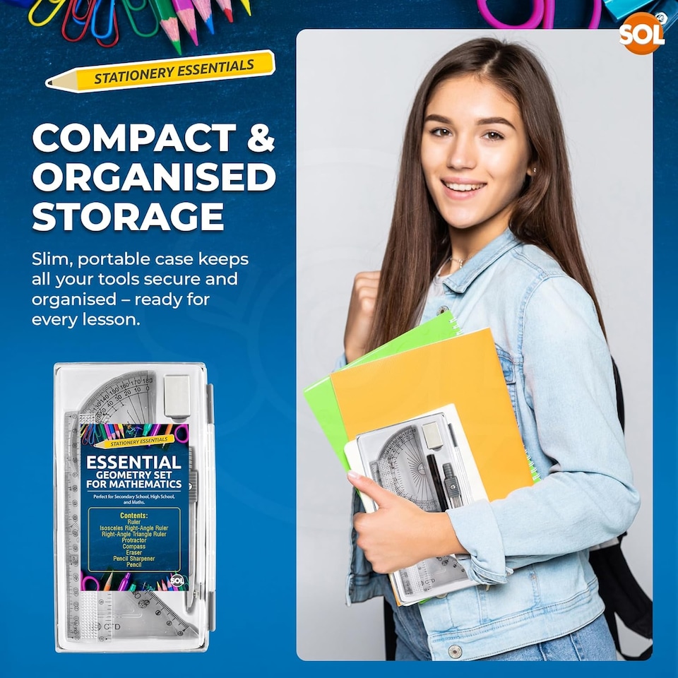 image 1 of 8pc Geometry Set for Secondary School – Complete Maths Kit with Ruler, Protractor, Compass, Pencil & Eraser, Ideal for Students