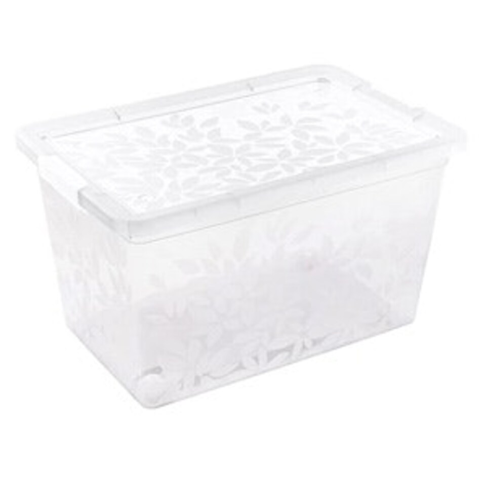 image 1 of Set of 3 55 Litre Elegant Jasmine Leaves Strong Stackable Plastic Storage Boxes Complete With Clip Locked Lids Clear
