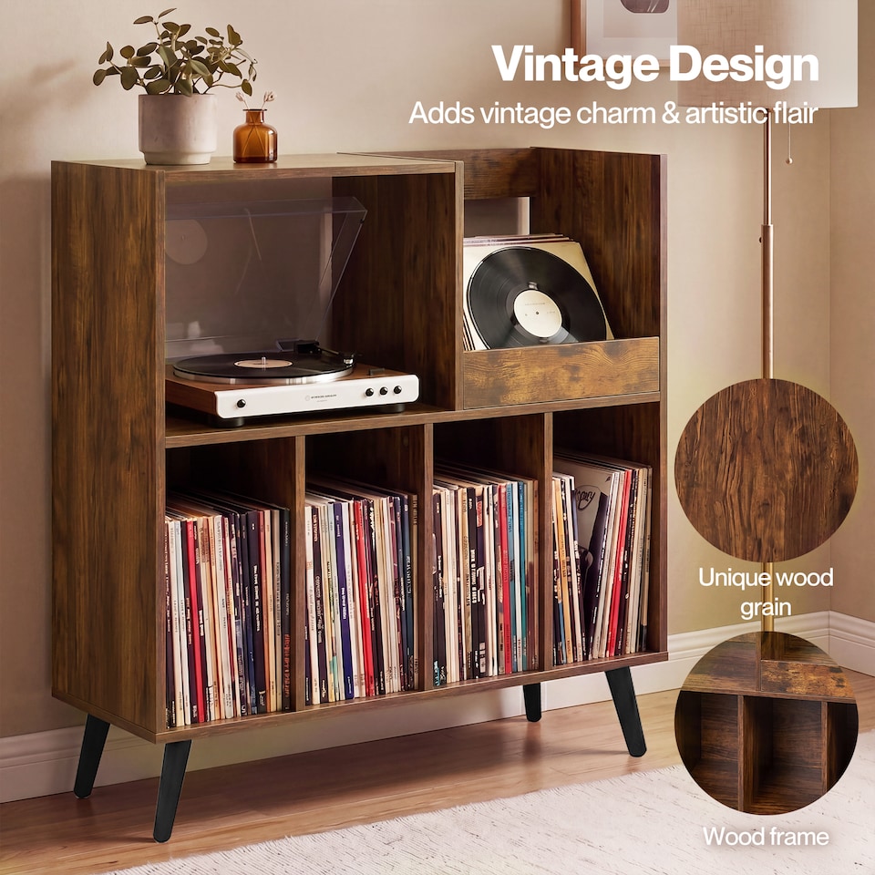 image 1 of Levede Record Player Stand 300+ Album Storage Turntable Cabinet Rubber Wood