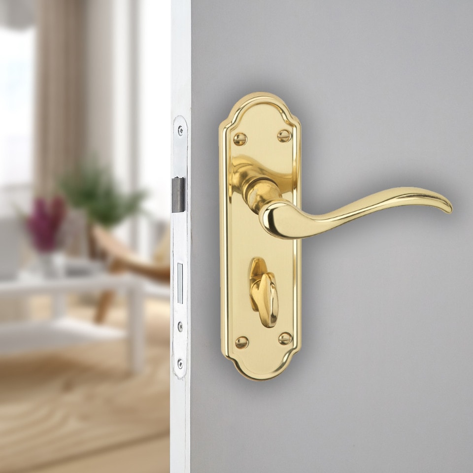 image 1 of Lisbon Metal Lever Latch Door Handles Set Round Rose Internal & External | Silver | Polished Brass Bathroom