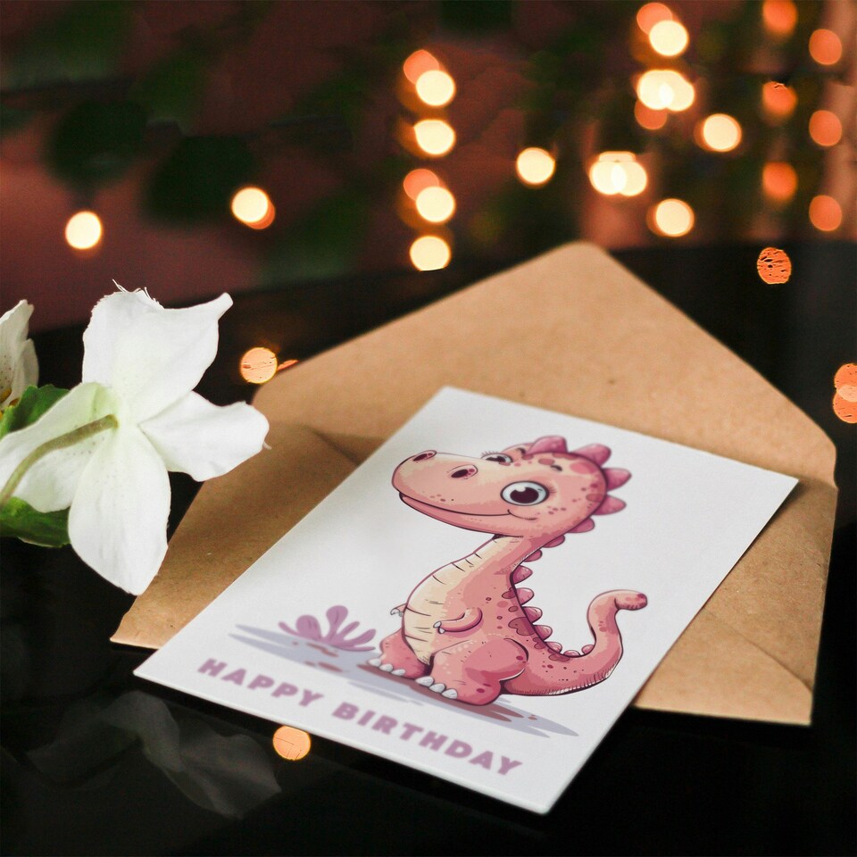 image 1 of Cute Pink Dinosaur Cartoon Kids Girl Boy Child Baby Birthday Card