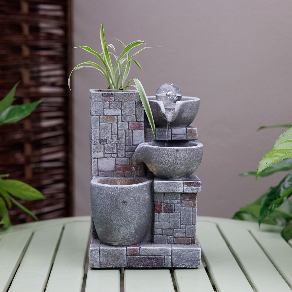 image 1 of Rustic Cascading Bowls Tabletop Water Feature With Sphere & LED Lights