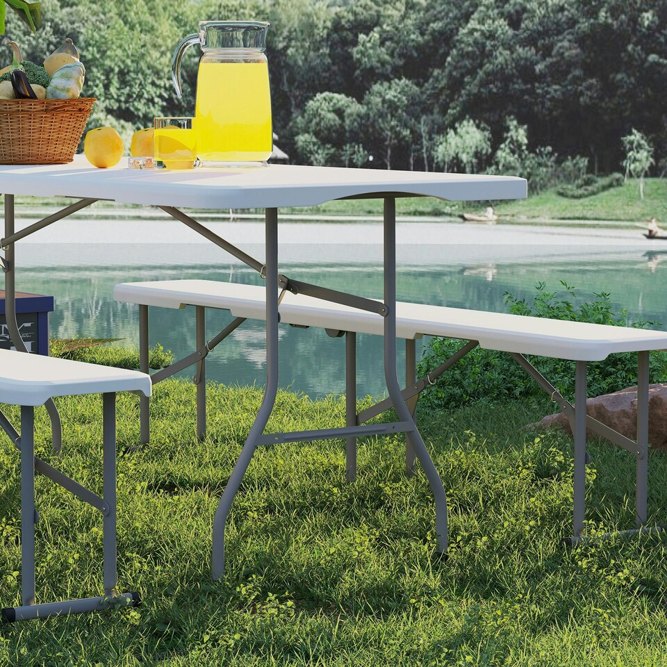 image 1 of Outsunny 3 Piece Folding Picnic Table and Bench Set with Handles, White