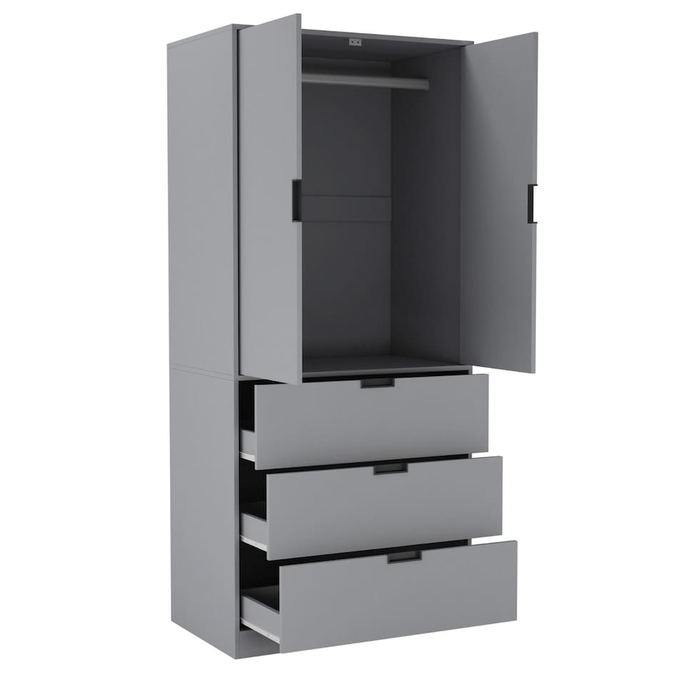 image 1 of 2 Door 3 Drawer Wardrobe with Hanging Rail - Modern Bedroom Storage Furniture | Grey | Grey with Grey Doors | 1