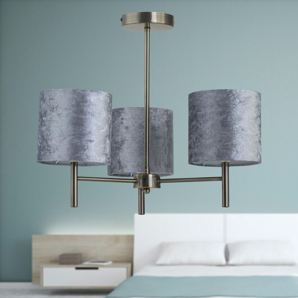 image 1 of Brea - Antique Brass 3 Light Fitting with Grey Crushed Velvet Shades Bronze | Grey