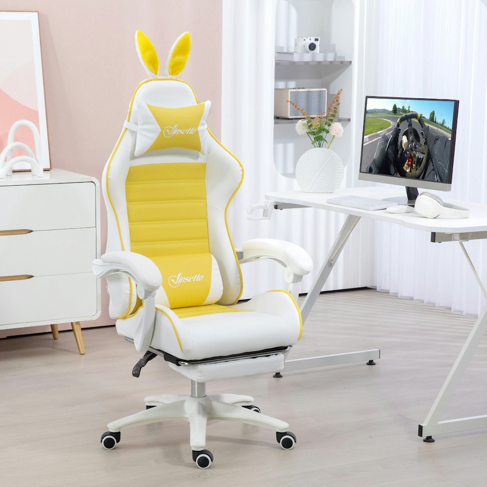 image 1 of Vinsetto Racing Style Gaming Chair with Footrest Removable Rabbit Ears, Yellow