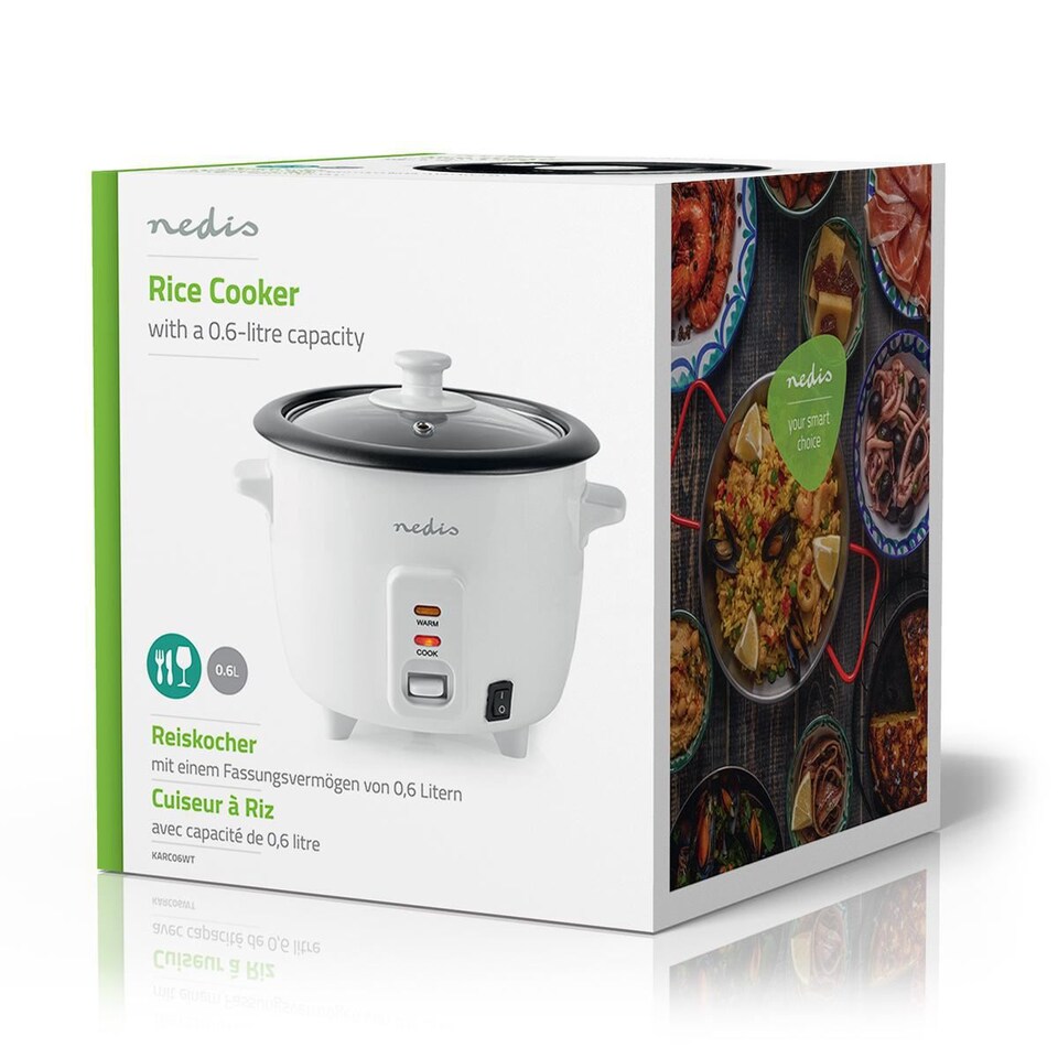 image 1 of Nedis 0.6L Rice Cooker & Steamer with Keep-Warm Function, 300W, for 1-2 People, Quick Preparation Without Burning, Non-Stick Coating incl. Steamer Insert